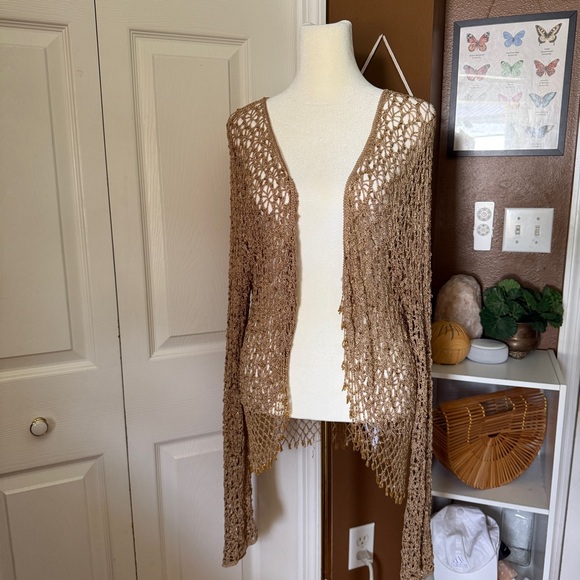 NY Collection Gold Crochet Fringe Beaded Open Cardigan / Size 2x - Picture 3 of 12